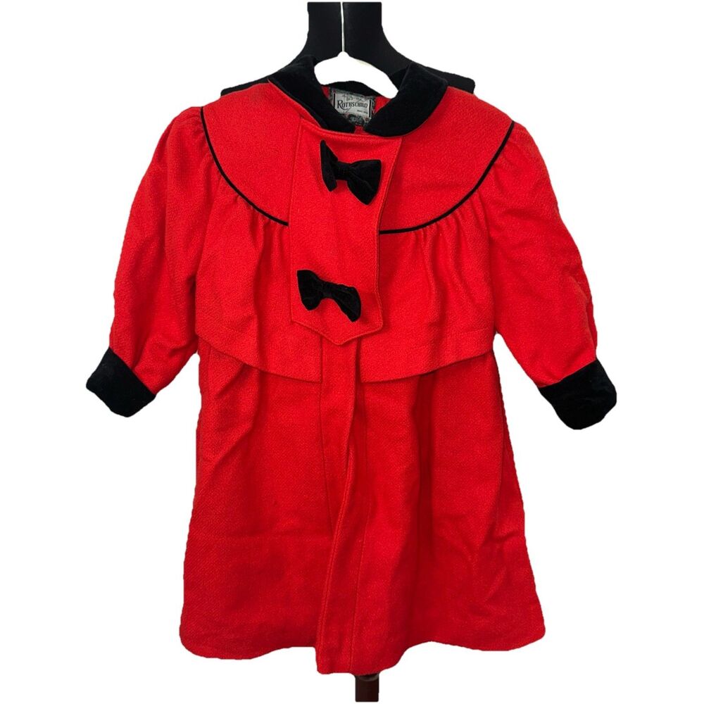 GIRLS ROTHSCHILD WOOL DRESS COAT, SIZE 6  Velvet Trim Bows Union- Made in USA
